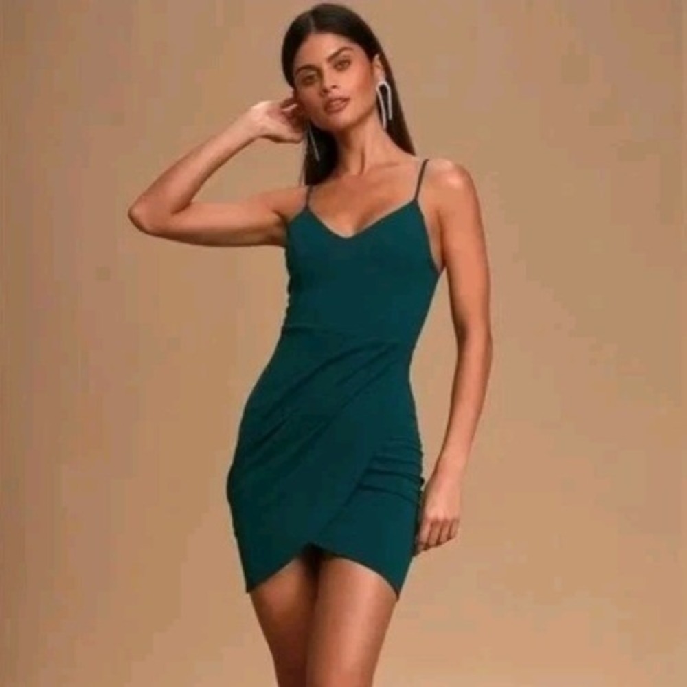 Lulus Dark Teal Emerald Green Wrap‎ Tulip Hem Bodycon Mini Dress Small